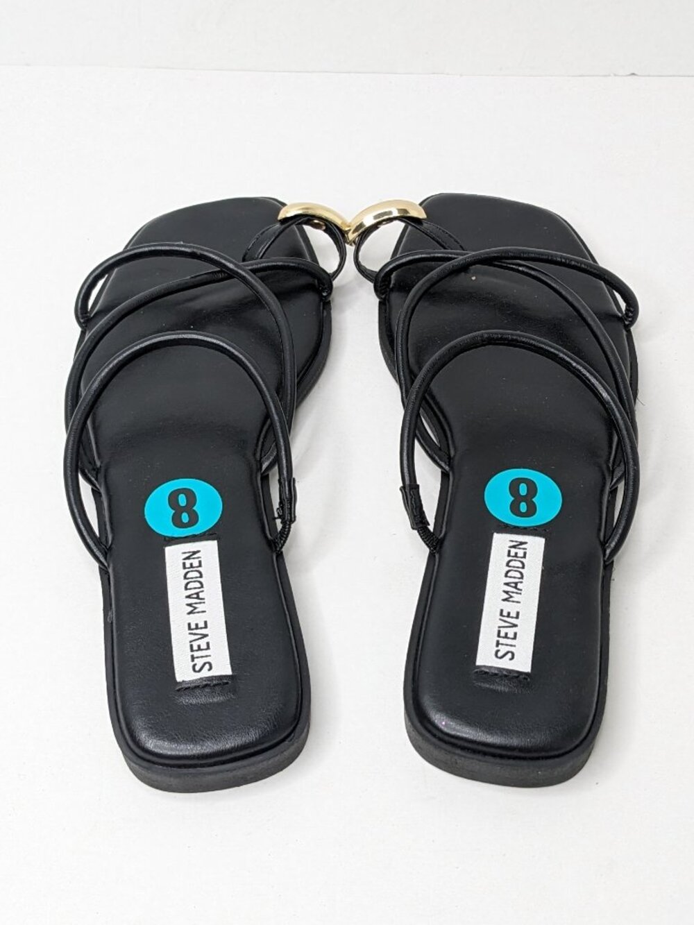 Steve Madden Black Strappy Toe-Ring Sandals with Gold Accent - Picture 4 of 6